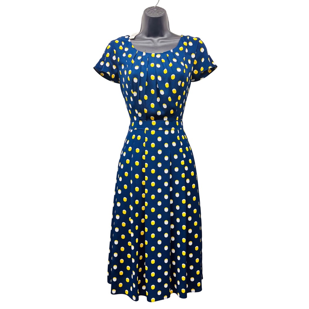 NWT Talbots Navy Blue Yellow Polka Dot Crepe Fit and Flare Dress 2 50314829